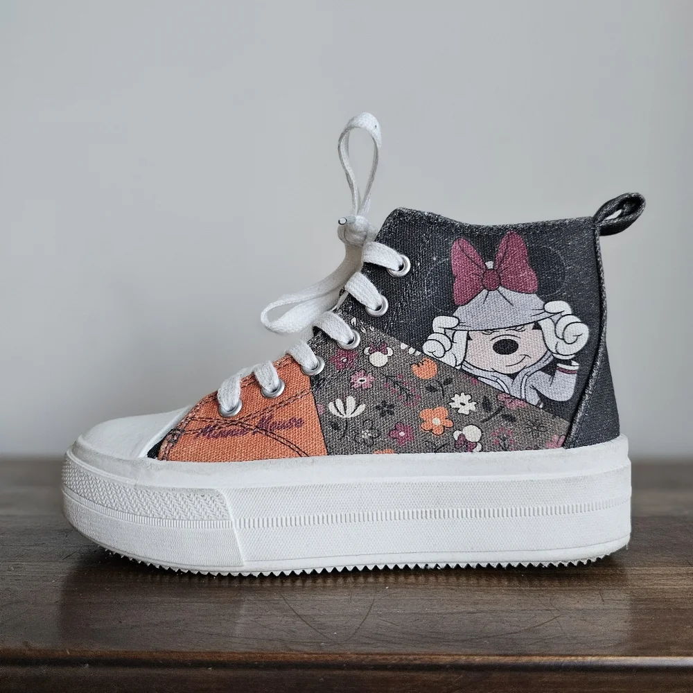 🎀 Disney Minnie Mouse Floral High-Top Sneakers | Kids Size 2 | Canvas Patchwork